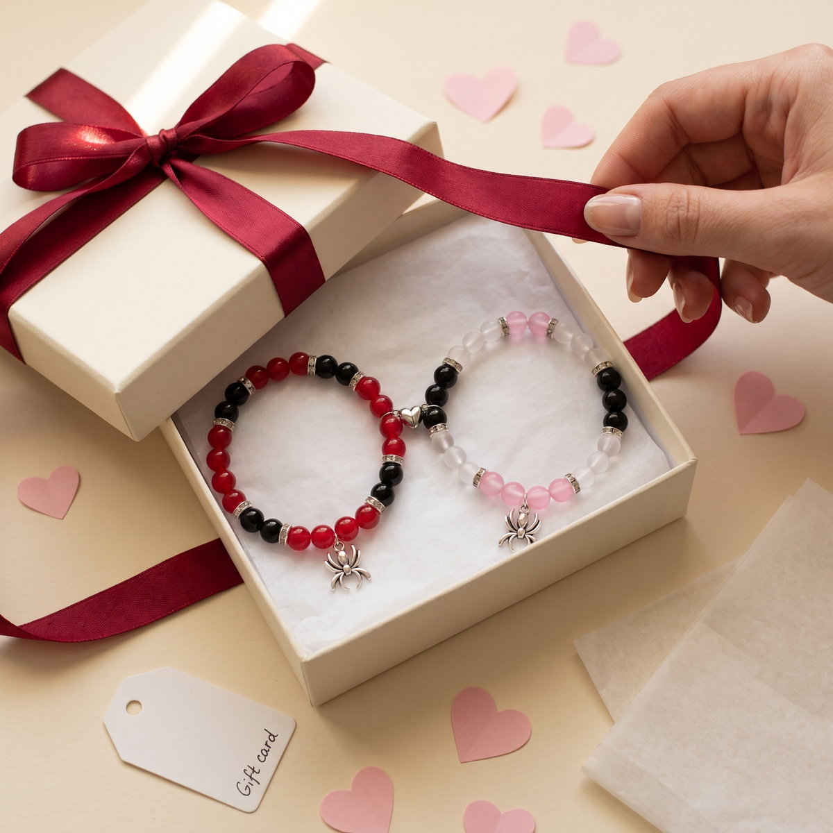 Miles and Gwen matching bracelets in a cream gift box with red ribbon - Beads by Nia