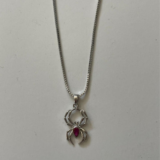 Silver spider necklace with a red gemstone body on a fine chain - Beads by Nia