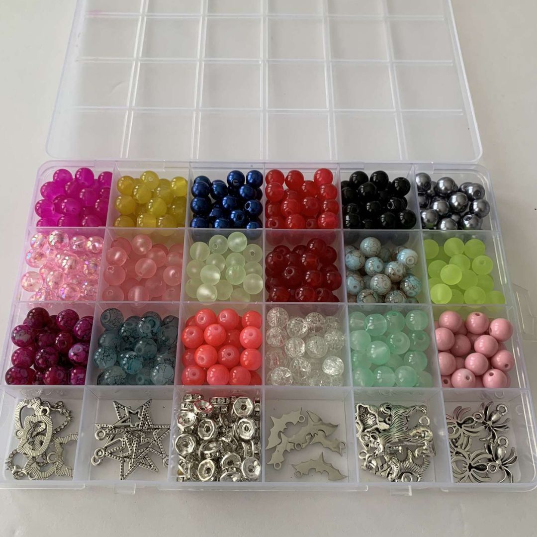 Beading kit organiser box filled with coloured beads and silver charms - Beads by Nia