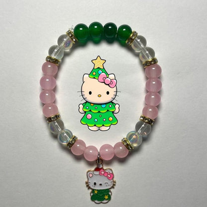 Pink Hello Kitty Christmas bracelet with a Christmas tree kitty charm - Beads by Nia
