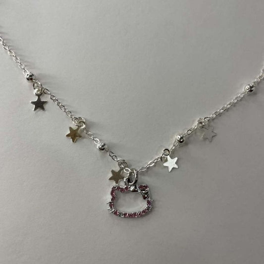 Silver star chain necklace with a crystal Hello Kitty outline pendant - Beads by Nia