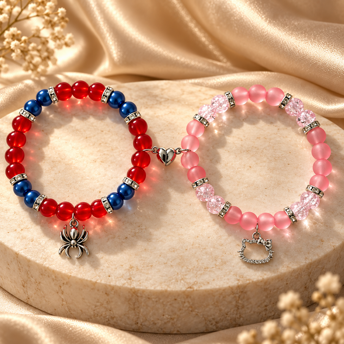 Hello Kitty and Spiderman couples bracelets on stone with baby's breath - Beads by Nia