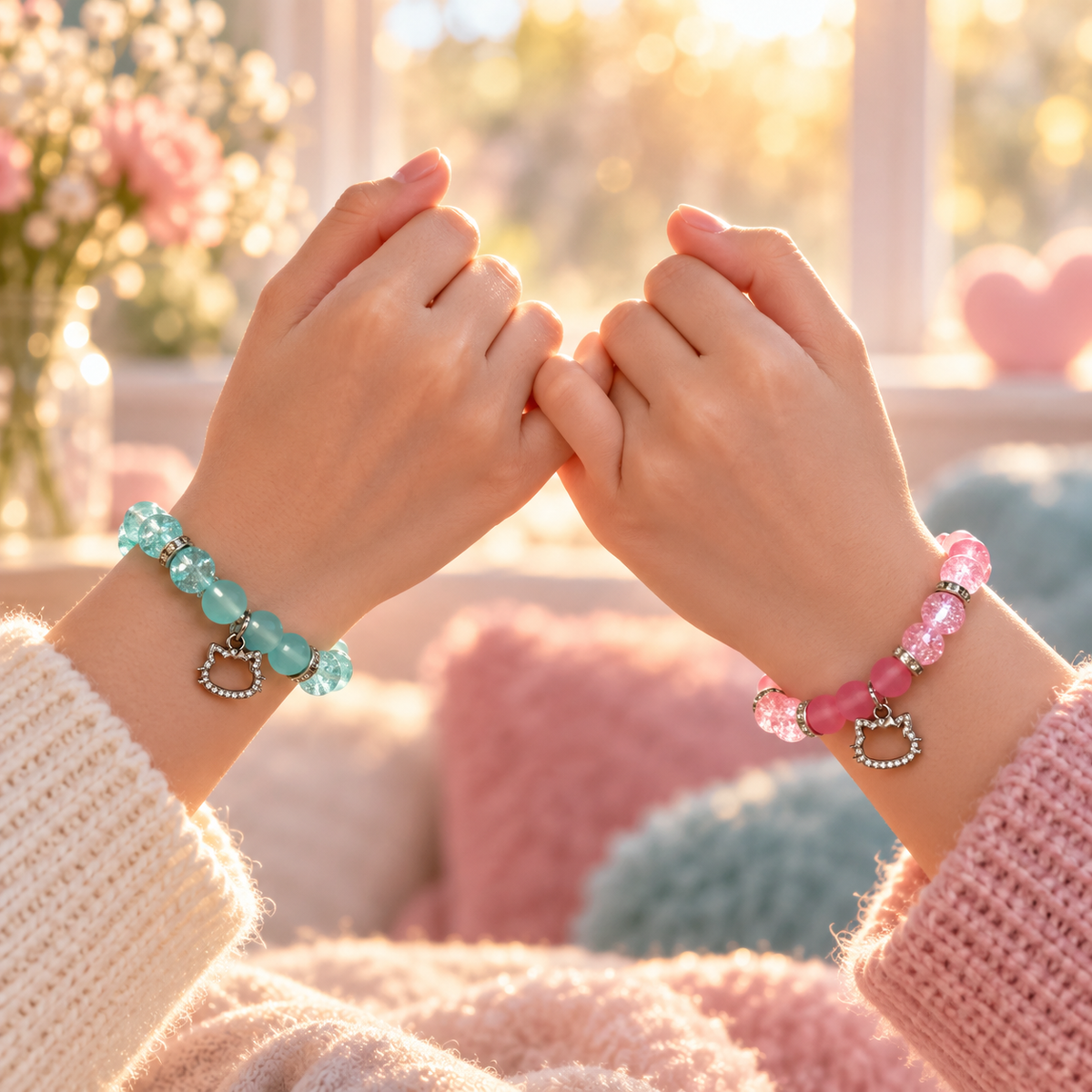 Two friends linking wrists wearing Hello Kitty and Dear Daniel matching bracelets