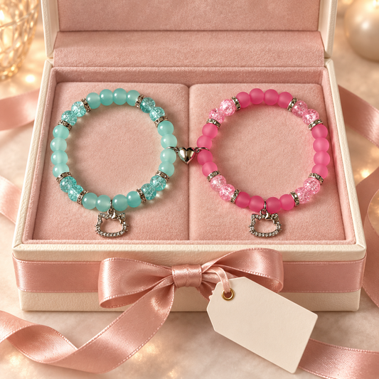 Hello Kitty and Dear Daniel bracelets in a pink jewellery box, Sanrio couples gift
