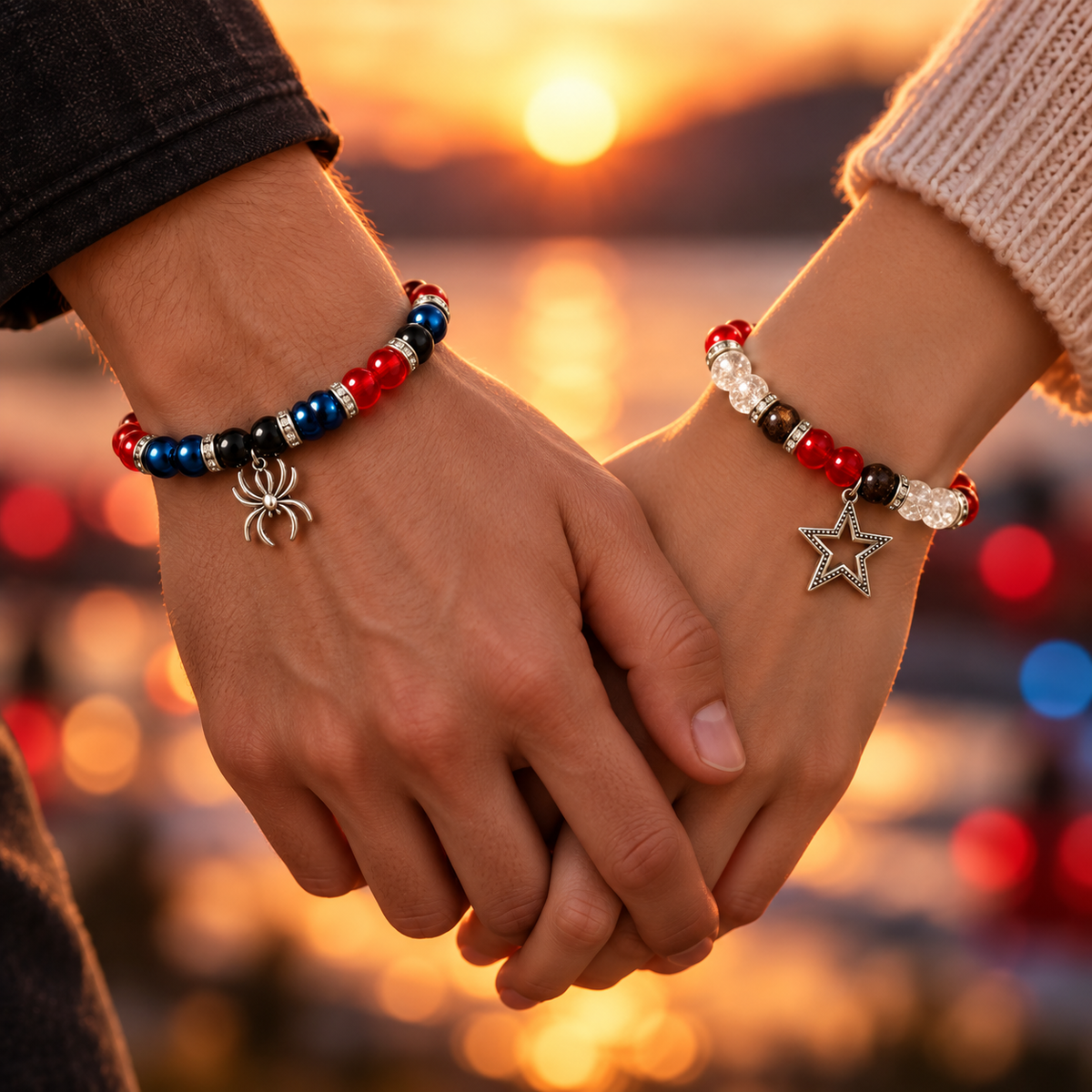 Couple holding hands at sunset in Spiderman and MJ matching bracelets - Beads by Nia