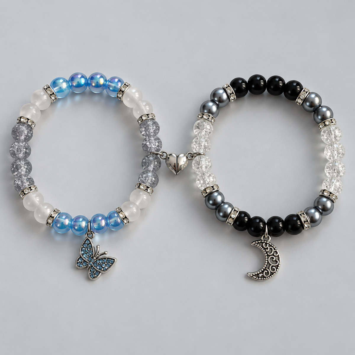Emily and Victor bracelets with butterfly and crescent moon charms on white - Beads by Nia