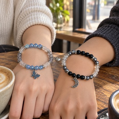 Couple wearing Emily and Victor matching bracelets at a cafe - Beads by Nia