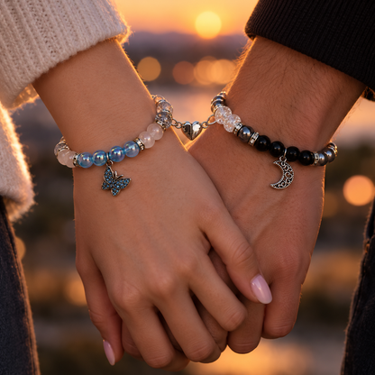 Holding hands at sunset wearing Emily and Victor couples bracelets - Beads by Nia