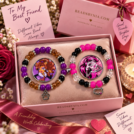 Draculaura and Clawdeen bracelet set in a pink gift box with friendship cards - Beads by Nia