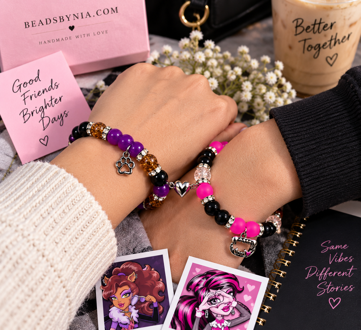 Two wrists wearing Draculaura and Clawdeen matching bracelets with character photos