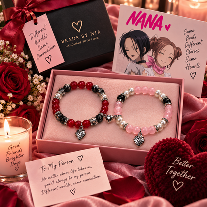 Nana matching bracelets in a pink gift box with roses and candle, anime couples gift - Beads by Nia