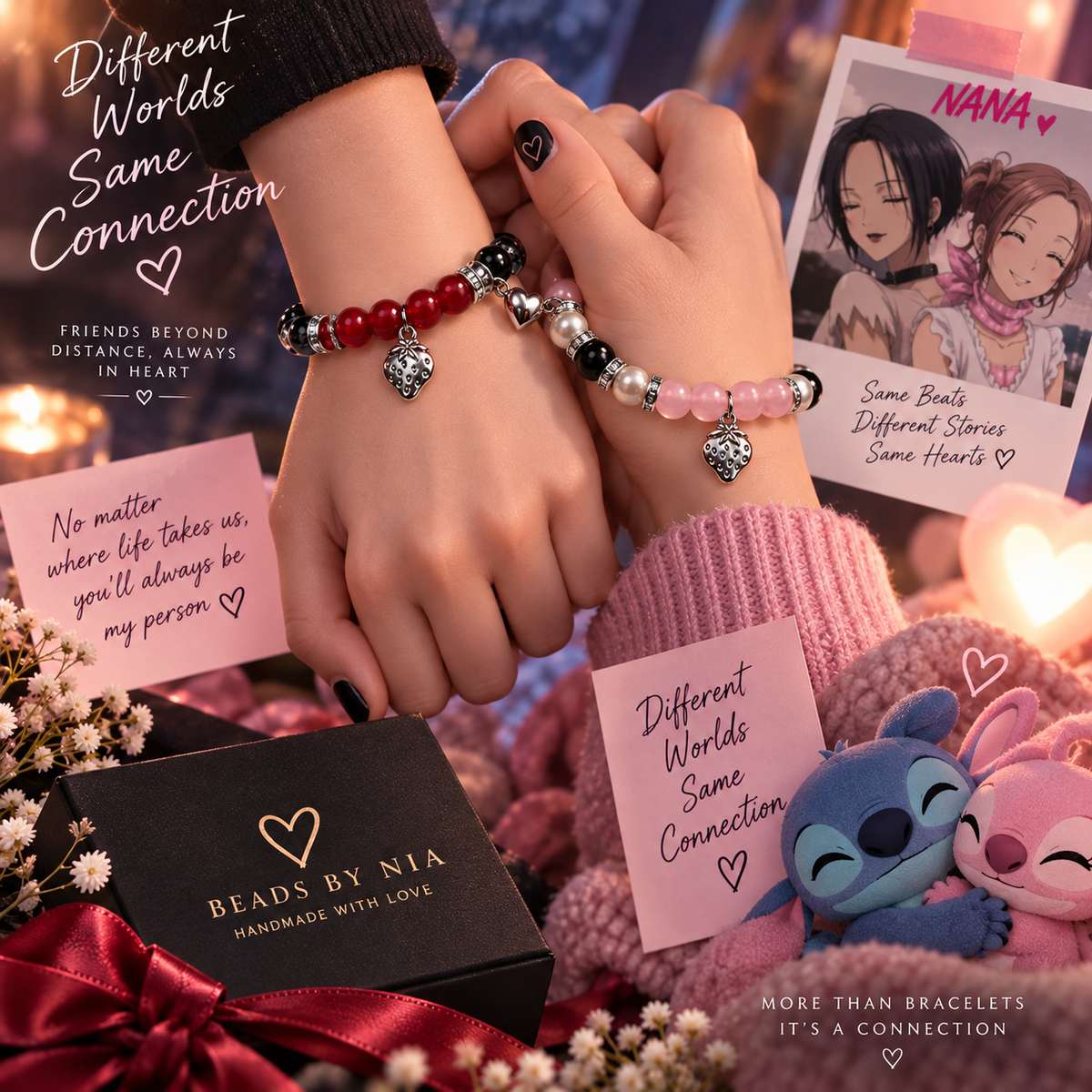 Hand wearing the red Nana beaded bracelet with silver heart charm - Beads by Nia