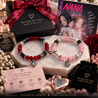Nana matching bracelets on marble with anime poster and velvet gift pouch - Beads by Nia