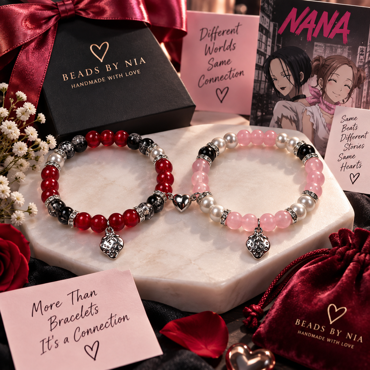 Nana matching bracelet pair on marble with Different Worlds Same Connection card - Beads by Nia