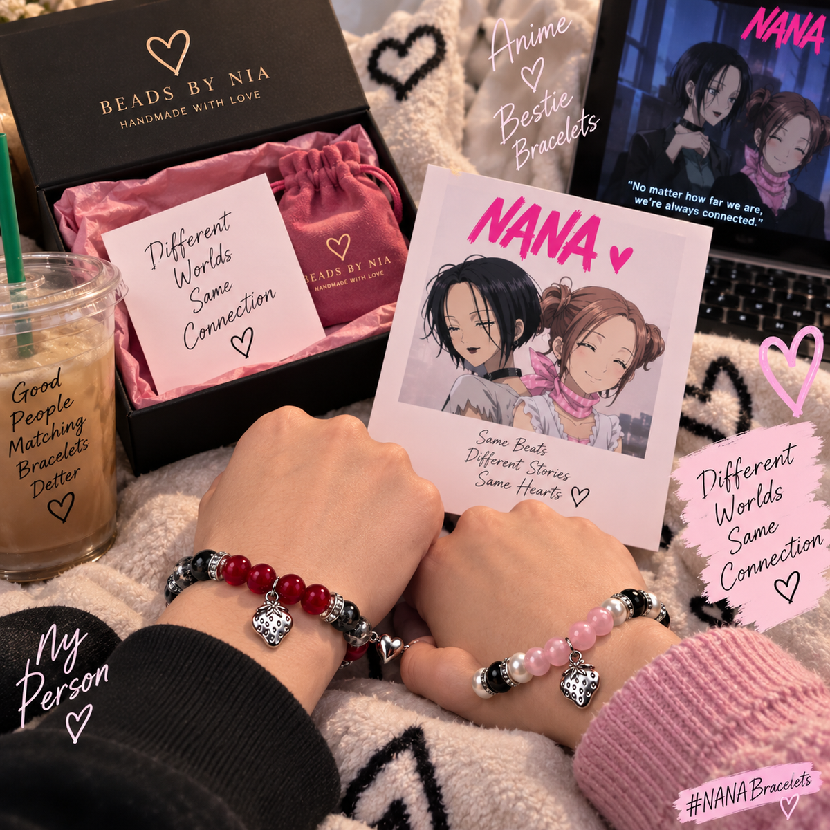 Two friends wearing Nana matching bracelets with anime gift cards - Beads by Nia