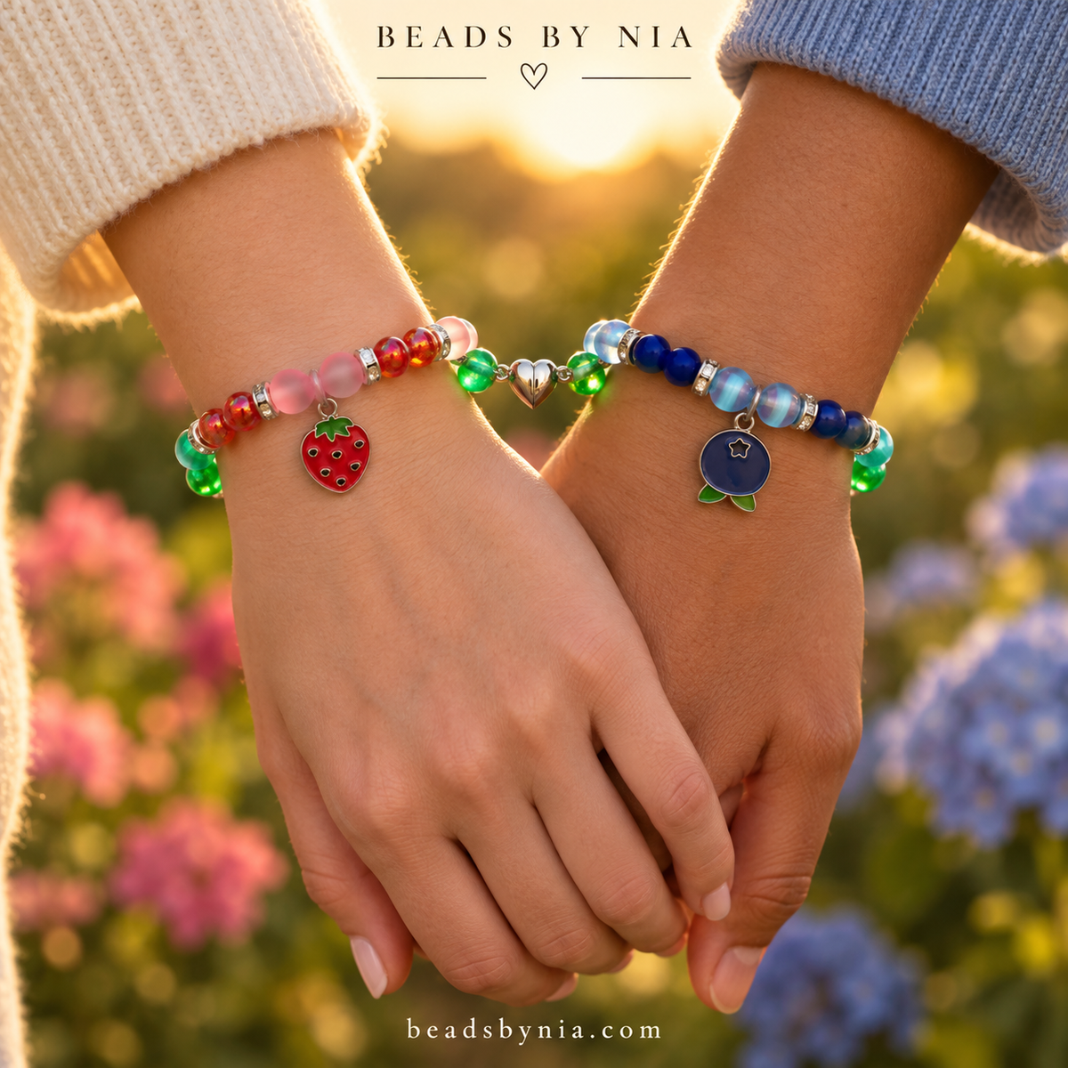 Couple holding hands wearing Strawberry Shortcake and Blueberry Muffin bracelets