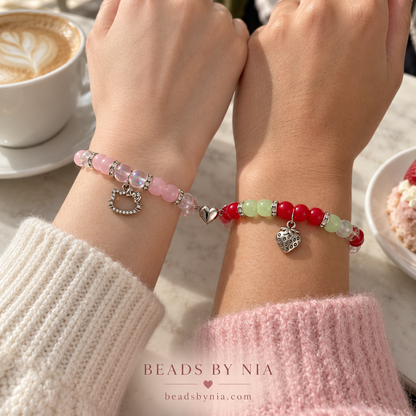 Friends wearing Hello Kitty and Strawberry Shortcake bracelets over coffee - Beads by Nia