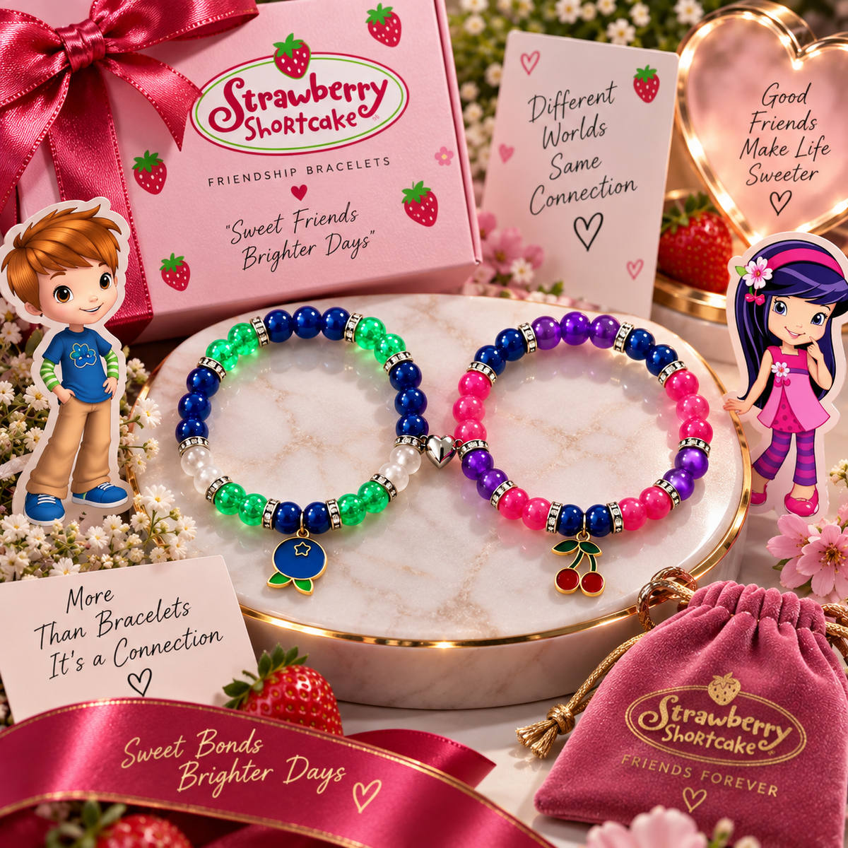 Strawberry Shortcake themed Huckleberry and Cherry Jam matching bracelets - Beads by Nia