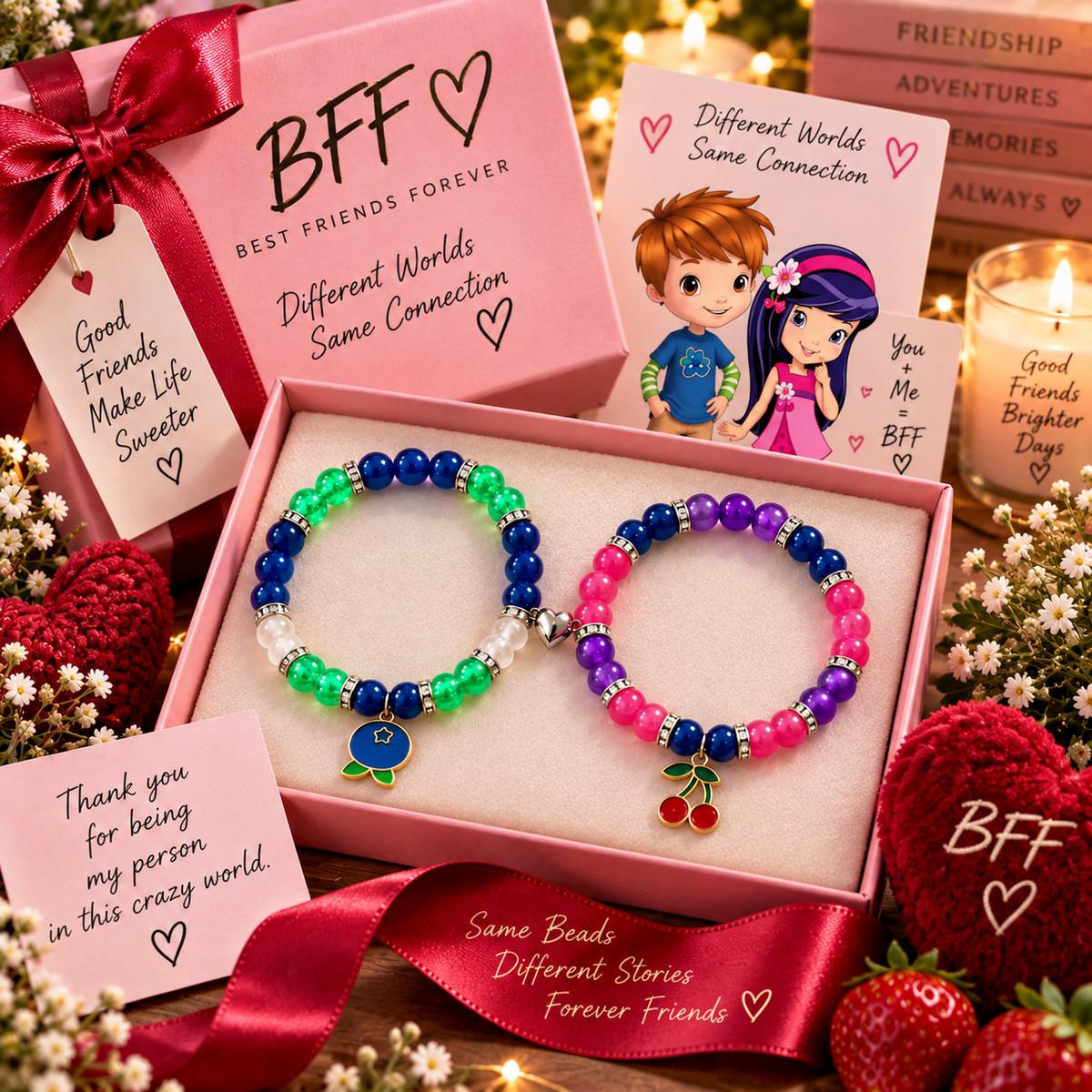Huckleberry and Cherry Jam BFF bracelets in a pink gift box with character art - Beads by Nia