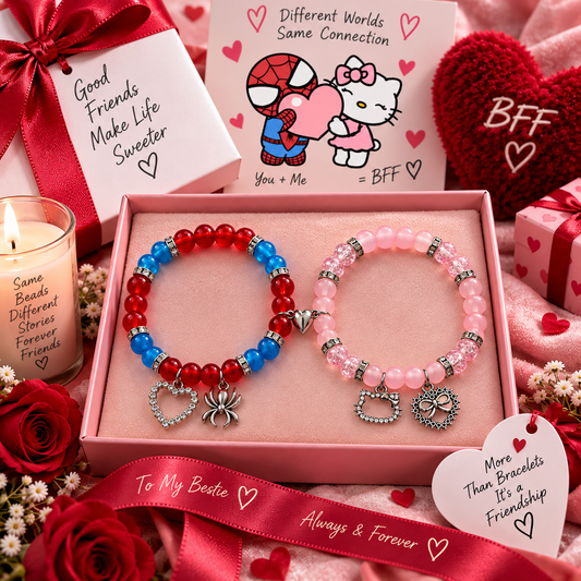 Hello Kitty and Spiderman Valentine's bracelets in a pink gift box - Beads by Nia