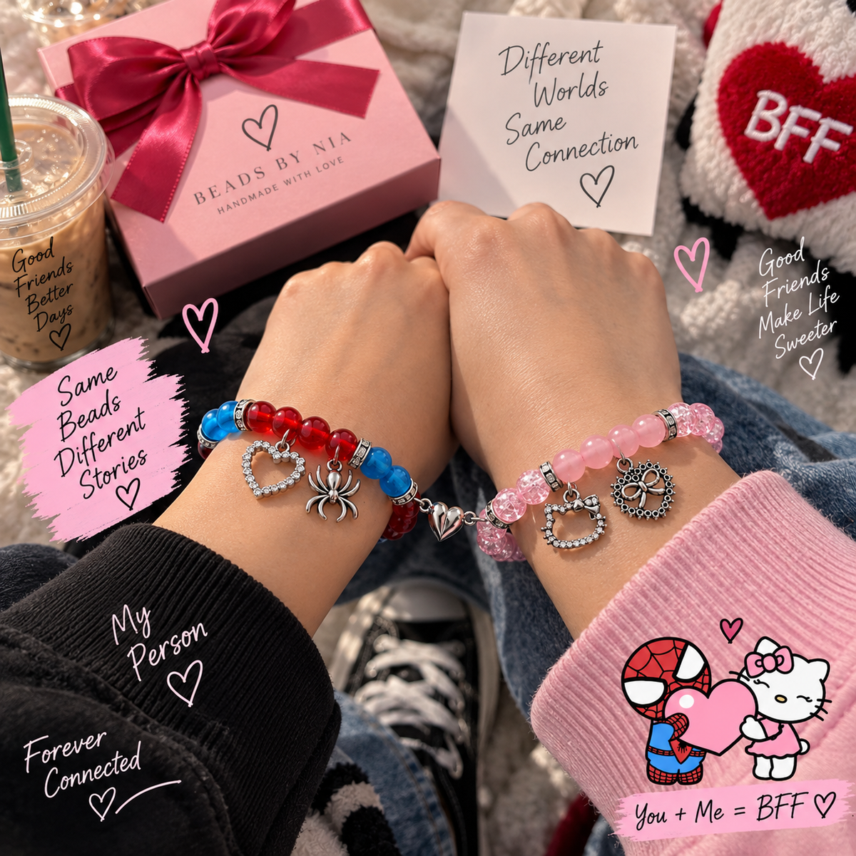 Two wrists wearing Hello Kitty and Spiderman Valentine's bracelets - Beads by Nia