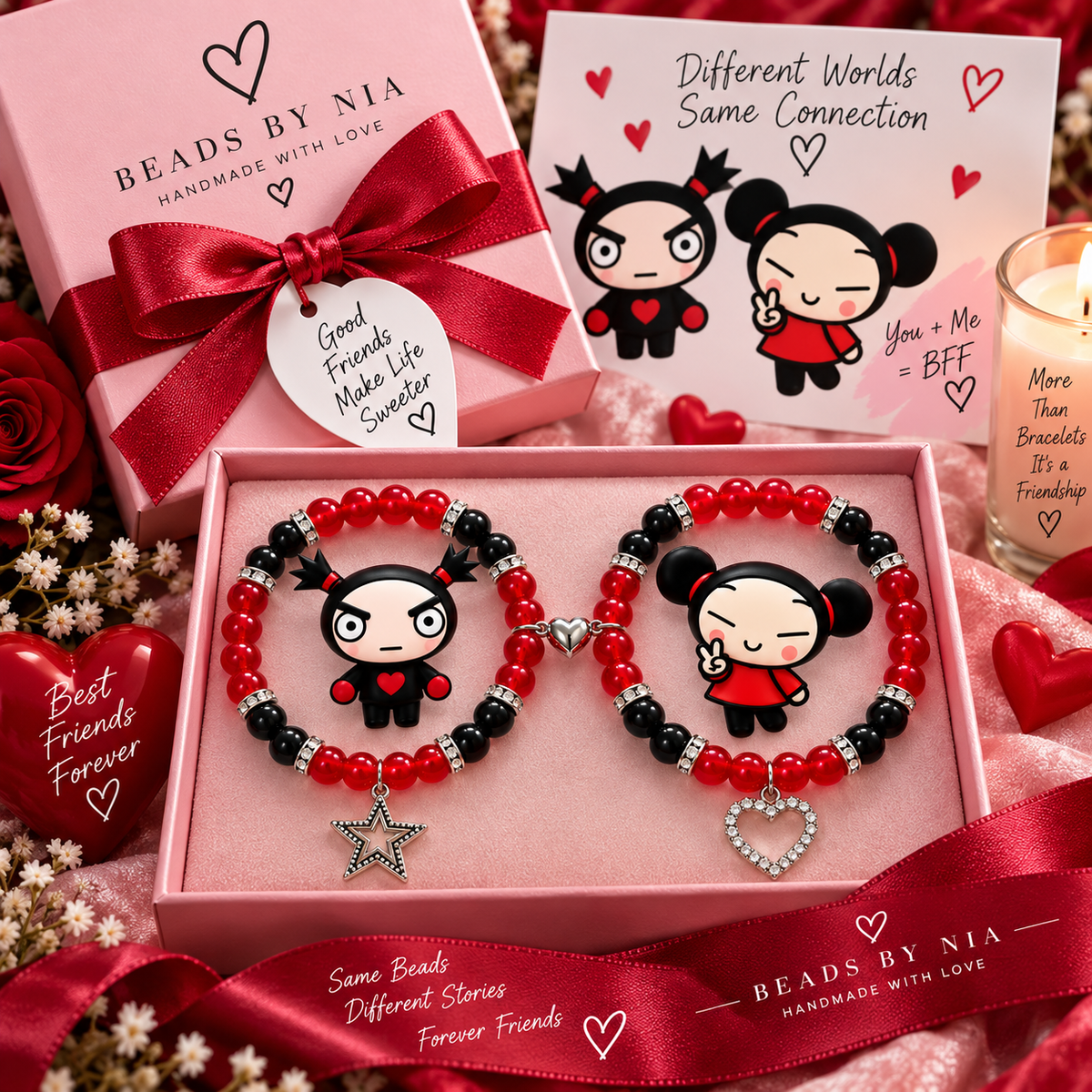 Pucca and Garu matching bracelets in red and black in a pink gift box - Beads by Nia