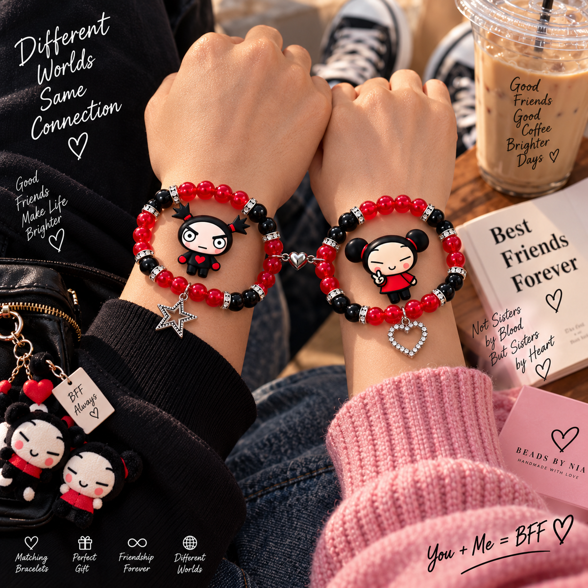 Friends wearing Pucca and Garu matching bracelets with best friends cards - Beads by Nia