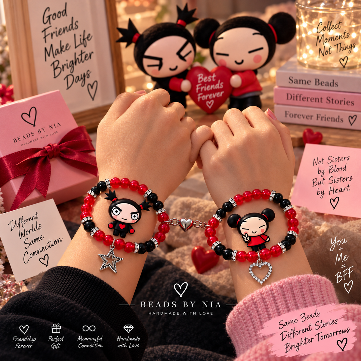 Two wrists in Pucca and Garu bracelets with plush toys and gift cards - Beads by Nia