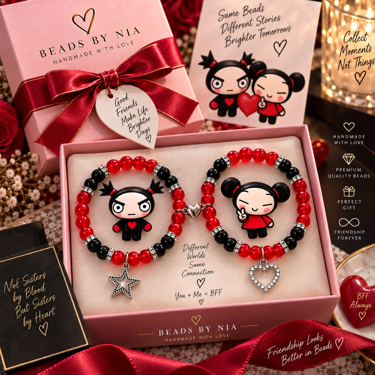 Pucca and Garu bracelet set with character charms and Beads by Nia packaging