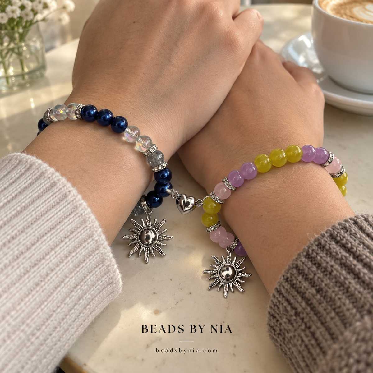 Couple wearing Rapunzel and Flynn matching bracelets with silver sun charms - Beads by Nia