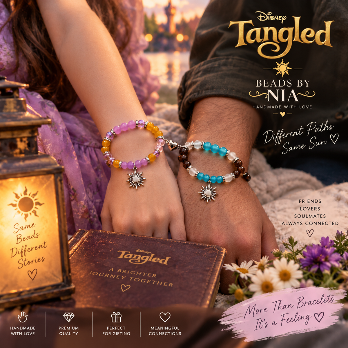 Two wrists wearing Rapunzel and Flynn Tangled matching bracelets - Beads by Nia