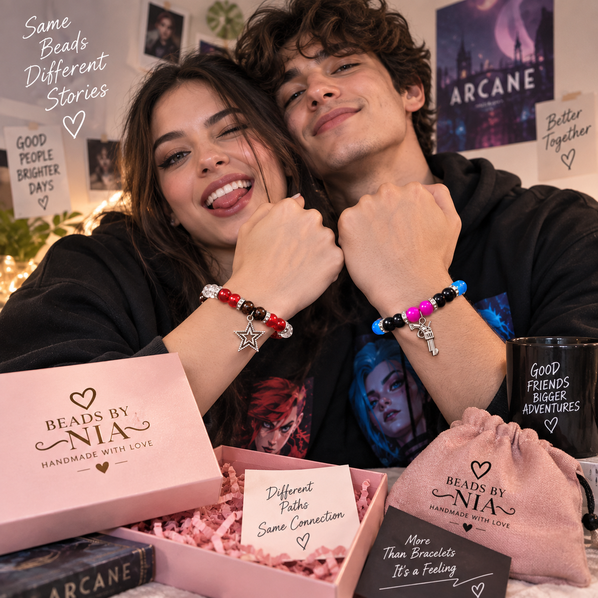Couple wearing Jinx and Vi Arcane matching bracelets - Beads by Nia