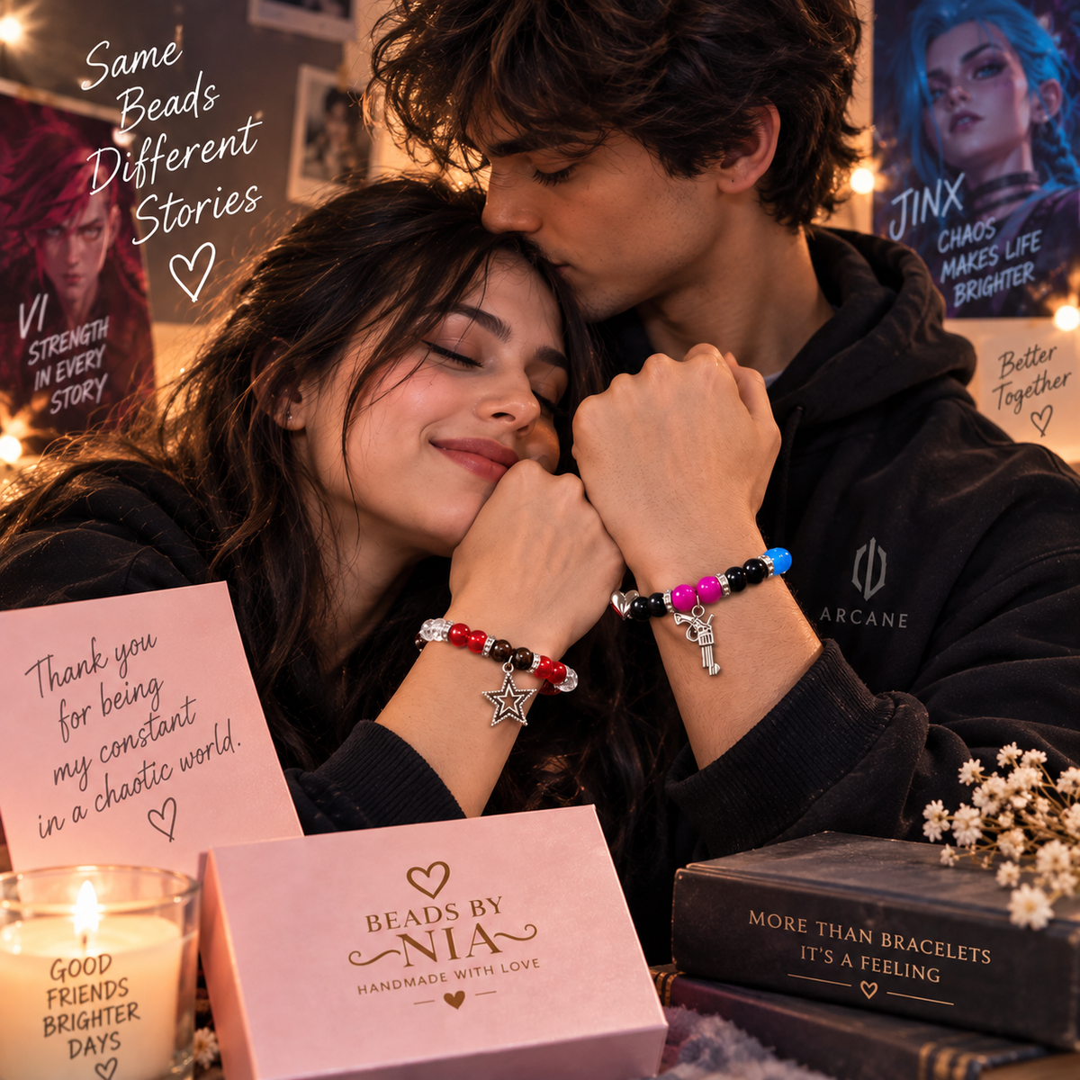 Couple wearing Arcane Jinx and Vi bracelets with Beads by Nia packaging