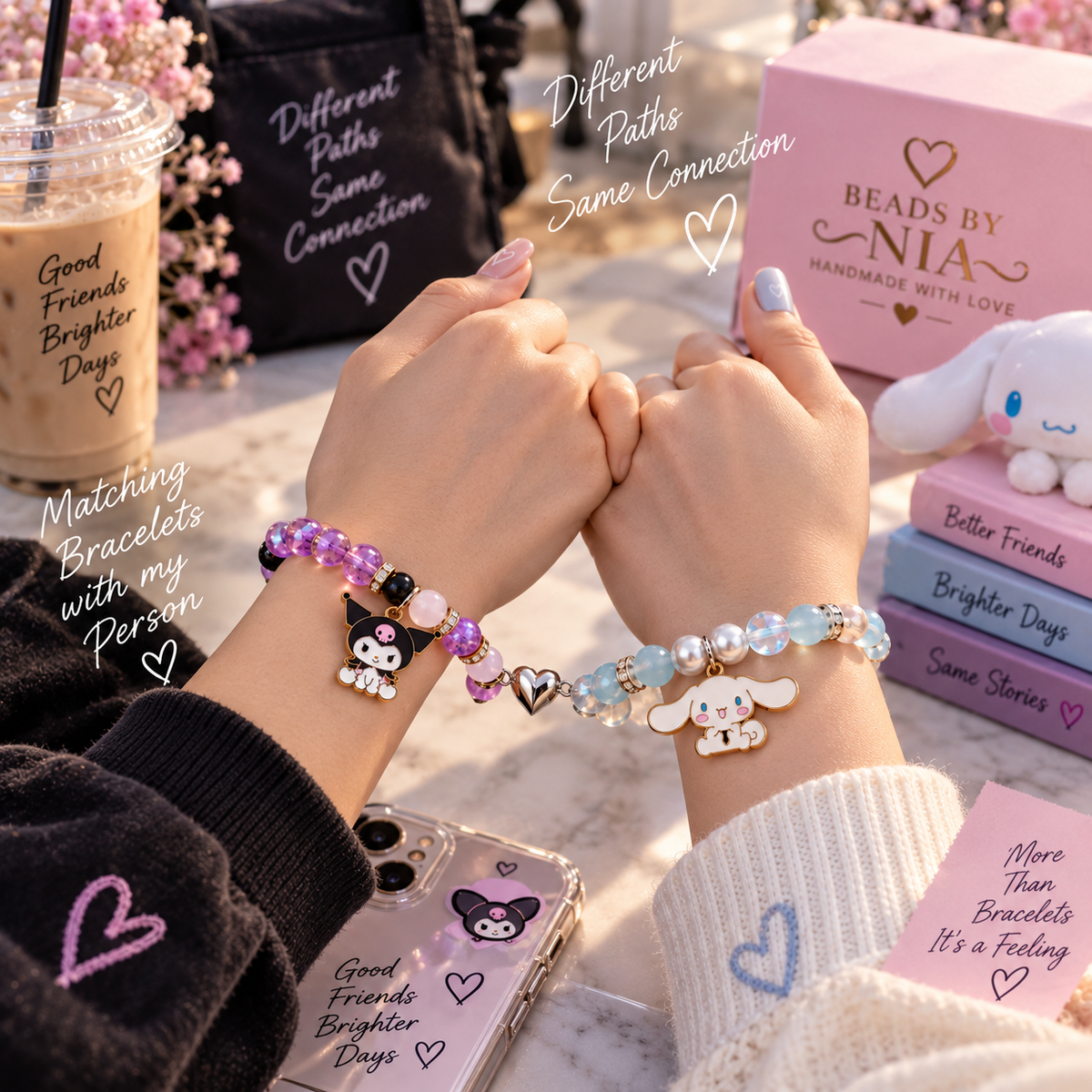 Two wrists linked wearing Kuromi and Cinnamoroll matching bracelets - Beads by Nia