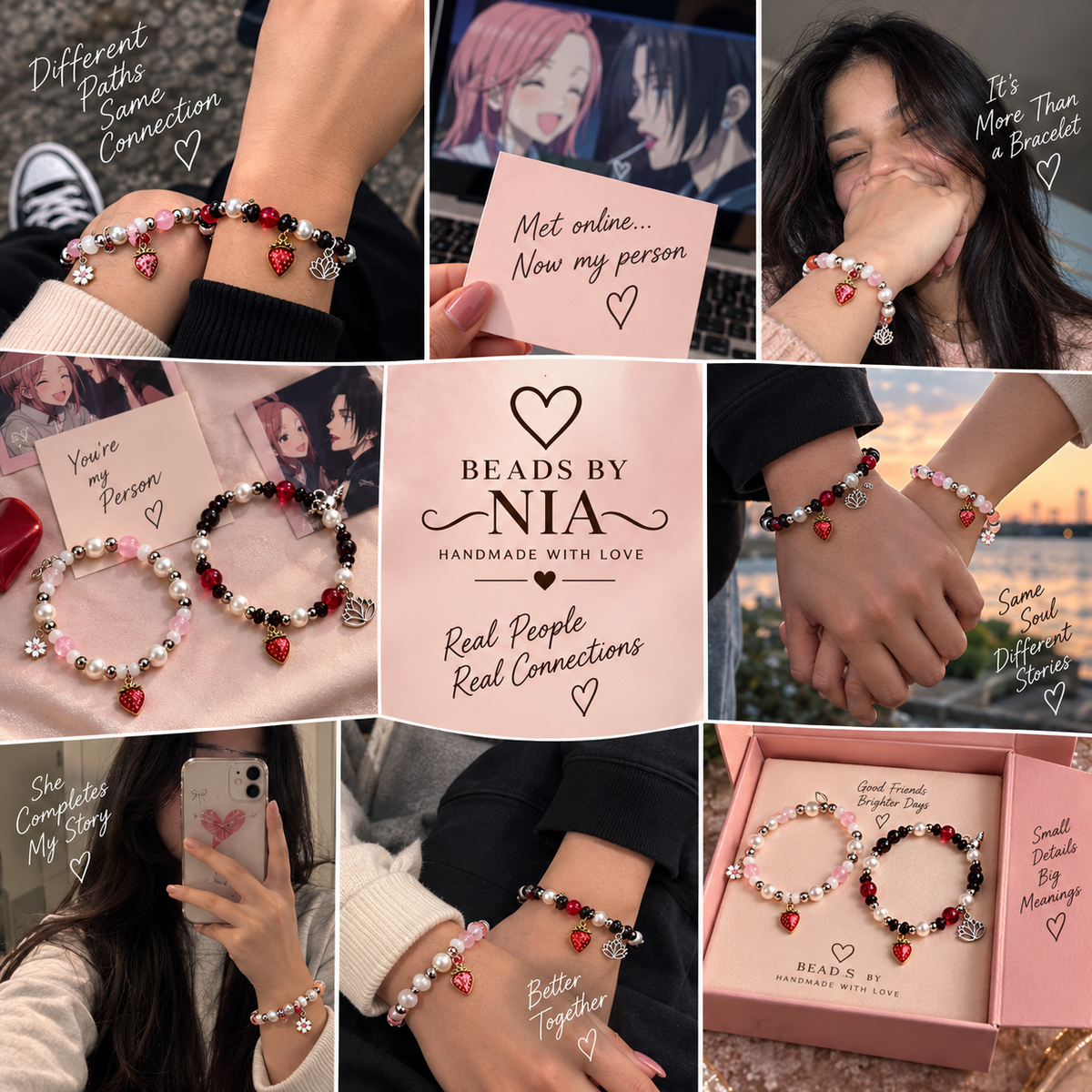 Collage of Nana and Hachi matching bracelets worn on wrists with gift packaging - Beads by Nia