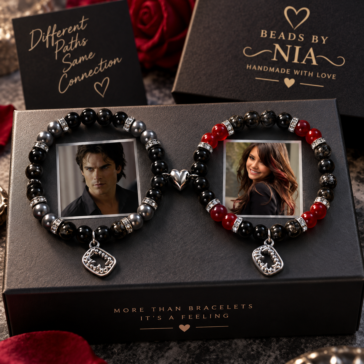 Damon and Elena matching bracelets in a black gift box, Vampire Diaries couples gift - Beads by Nia