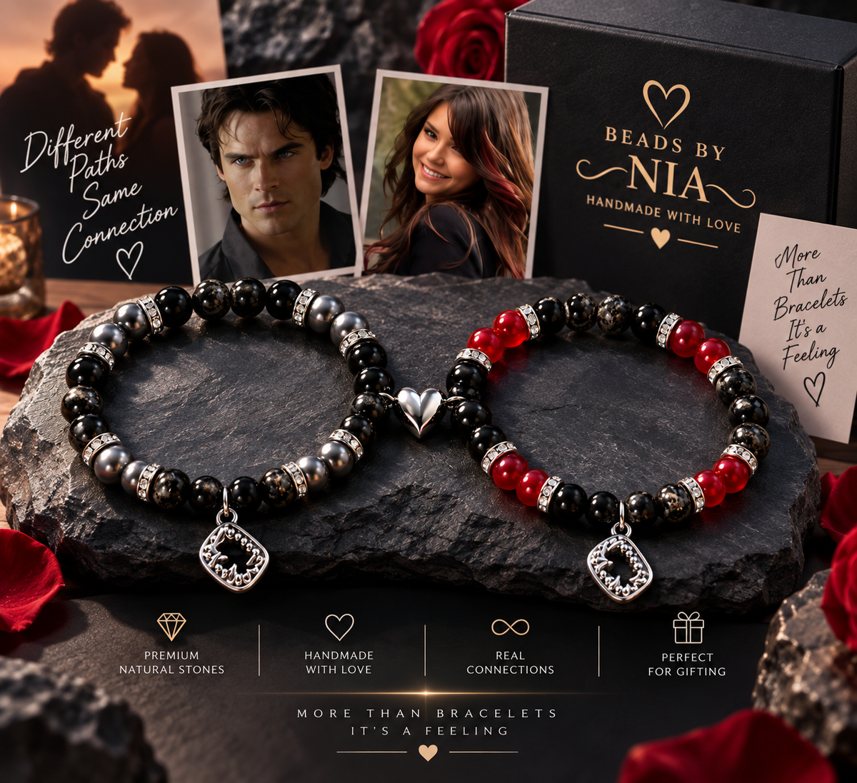 Damon and Elena bracelet pair on dark stone with photo charms and crest pendants - Beads by Nia