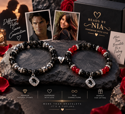 Damon and Elena bracelet pair on dark stone with photo charms and crest pendants - Beads by Nia