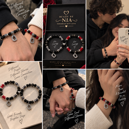 Couple wearing Damon and Elena matching bracelets, Vampire Diaries fan gift collage - Beads by Nia