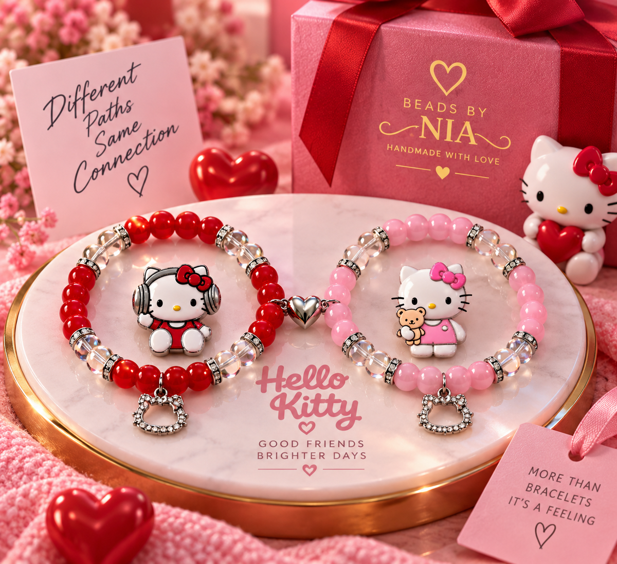 Red and pink Hello Kitty matching bracelets on marble with Sanrio gift packaging - Beads by Nia