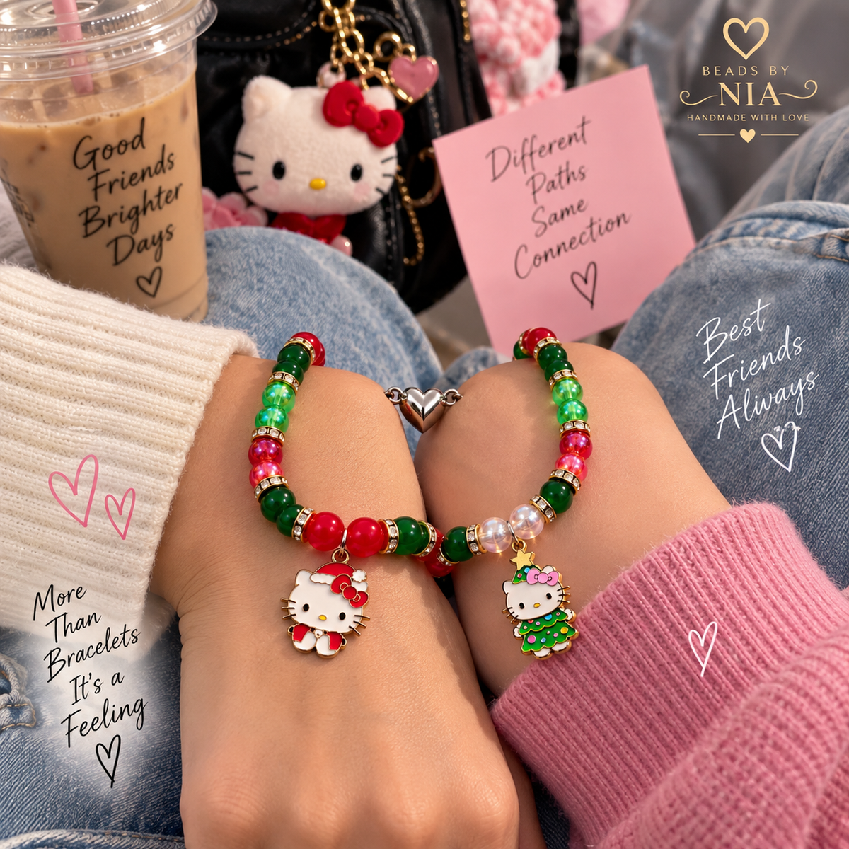 Two friends wearing red and green Christmas Hello Kitty matching bracelets - Beads by Nia