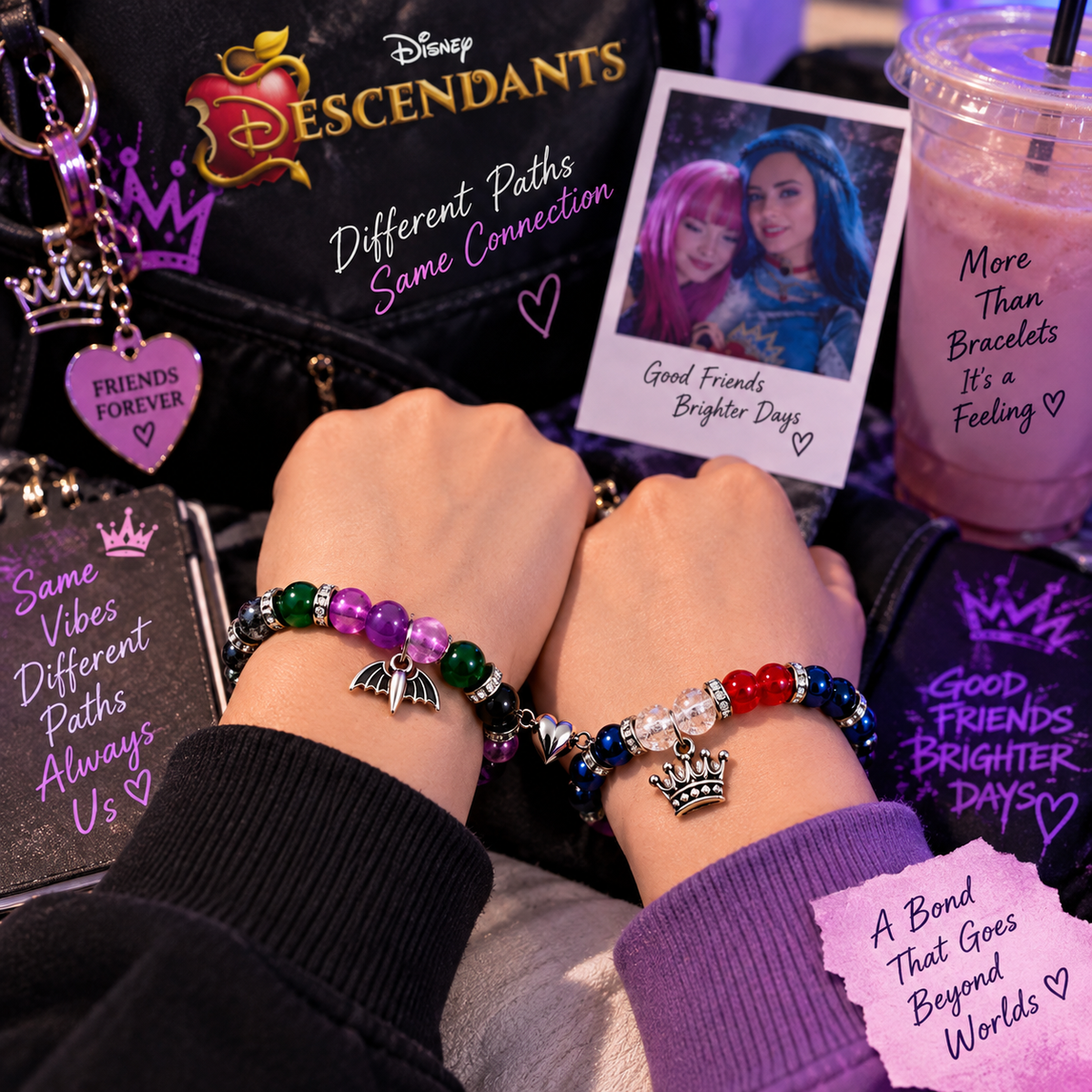 Two friends wearing Mal and Evie Descendants matching bracelets - Beads by Nia