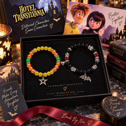 Hotel Transylvania Mavis and Johnny bracelet set in a black gift box with ribbon