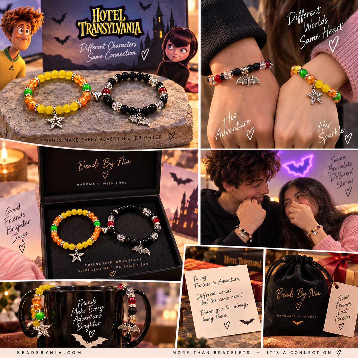 Collage of Mavis and Johnny matching bracelets worn and gift boxed - Beads by Nia