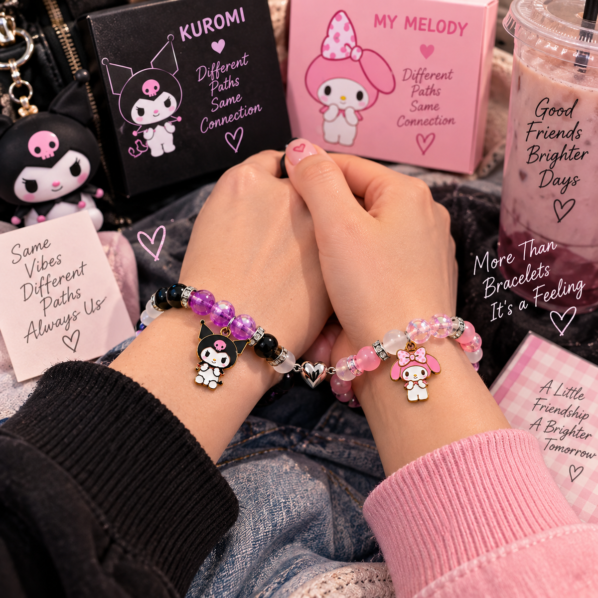 Two friends wearing Kuromi and My Melody matching bracelets - Beads by Nia