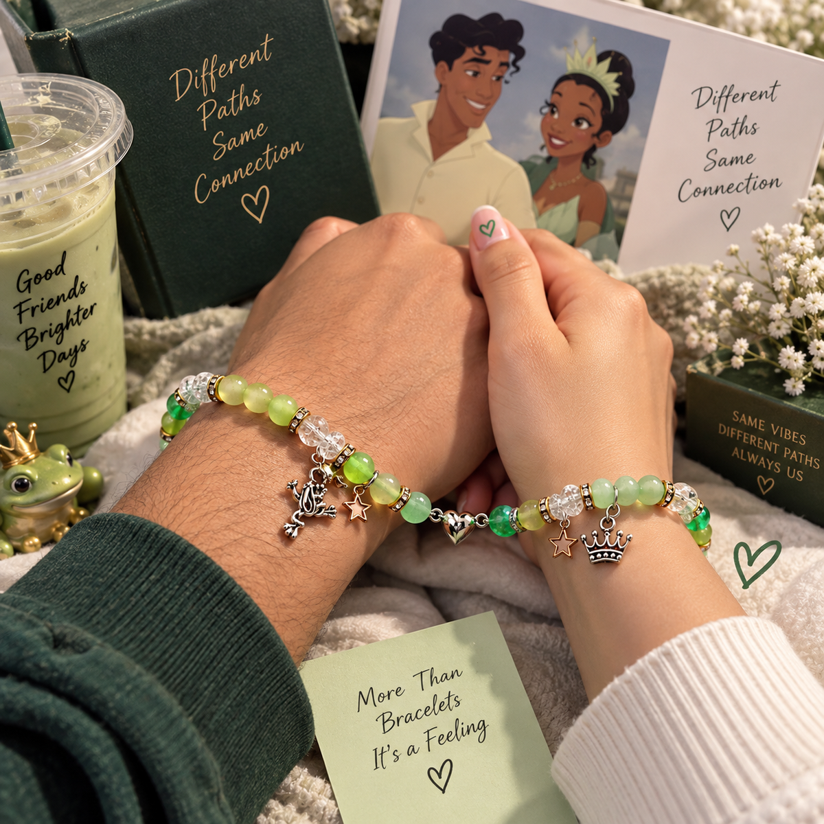 Couple wearing Tiana and Naveen matching bracelets with iced drinks - Beads by Nia