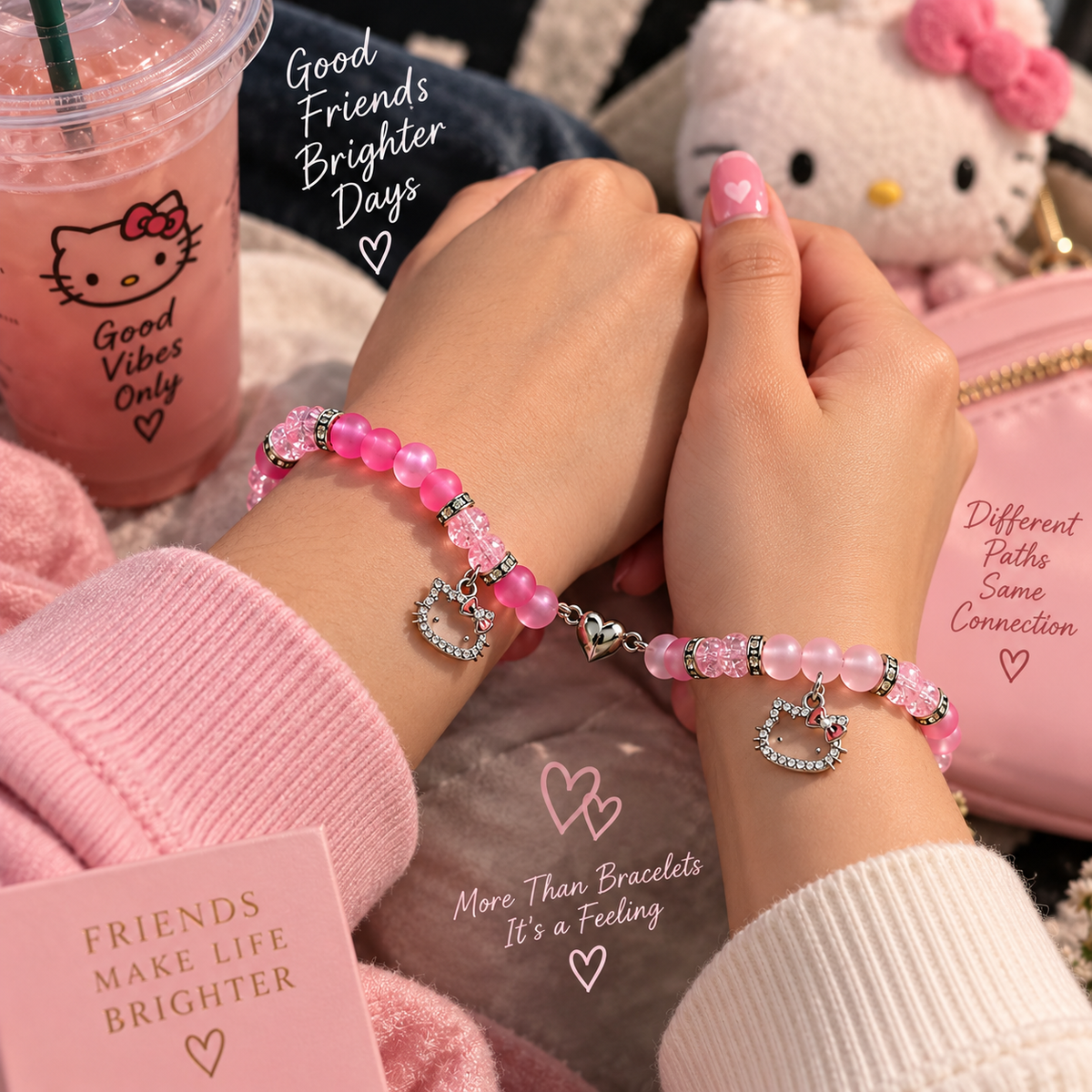 Friends wearing pink Hello Kitty matching bracelets with Sanrio plush - Beads by Nia