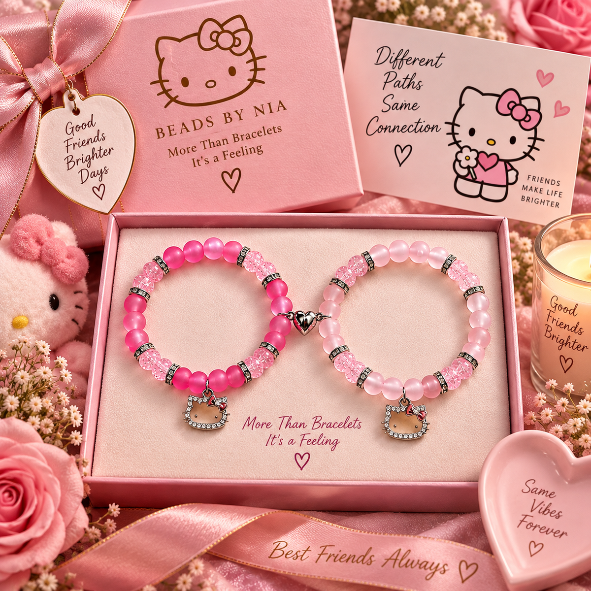 Pink Hello Kitty matching bracelet pair in a gift box with best friends cards - Beads by Nia