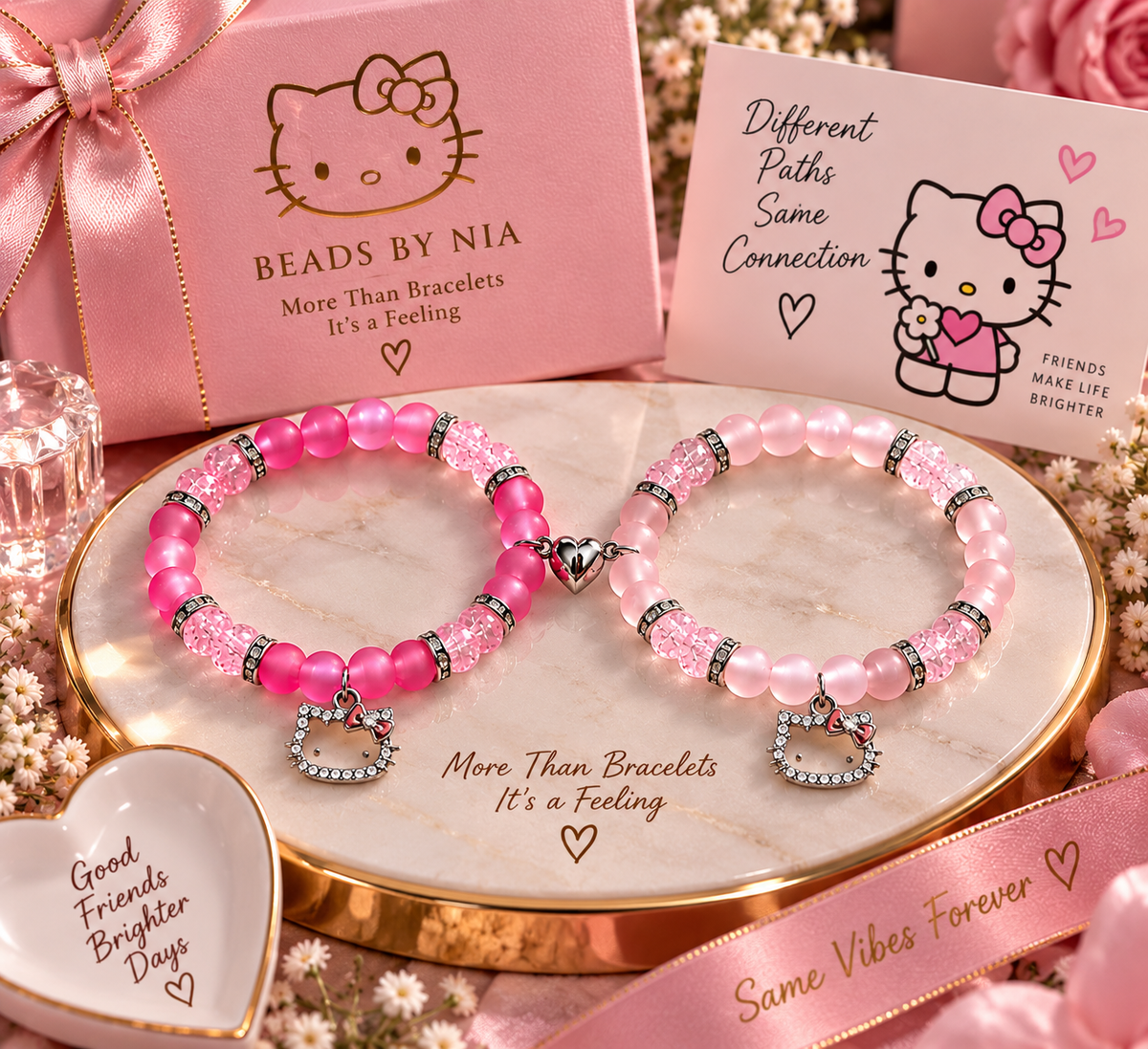 Hello Kitty matching bracelets on a gold tray with pink Beads by Nia packaging