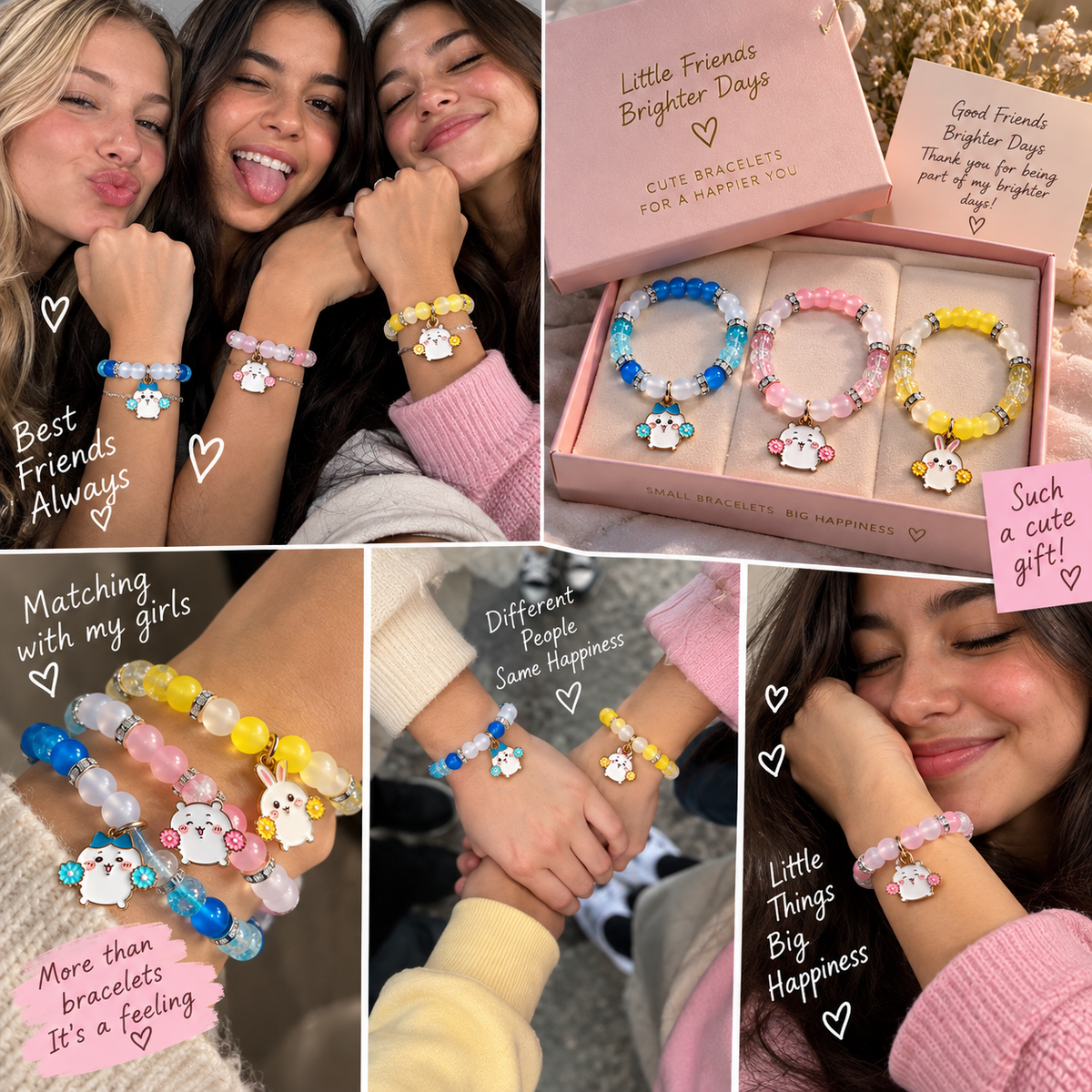 Friends wearing Chiikawa matching bracelets, cute anime BFF gift - Beads by Nia